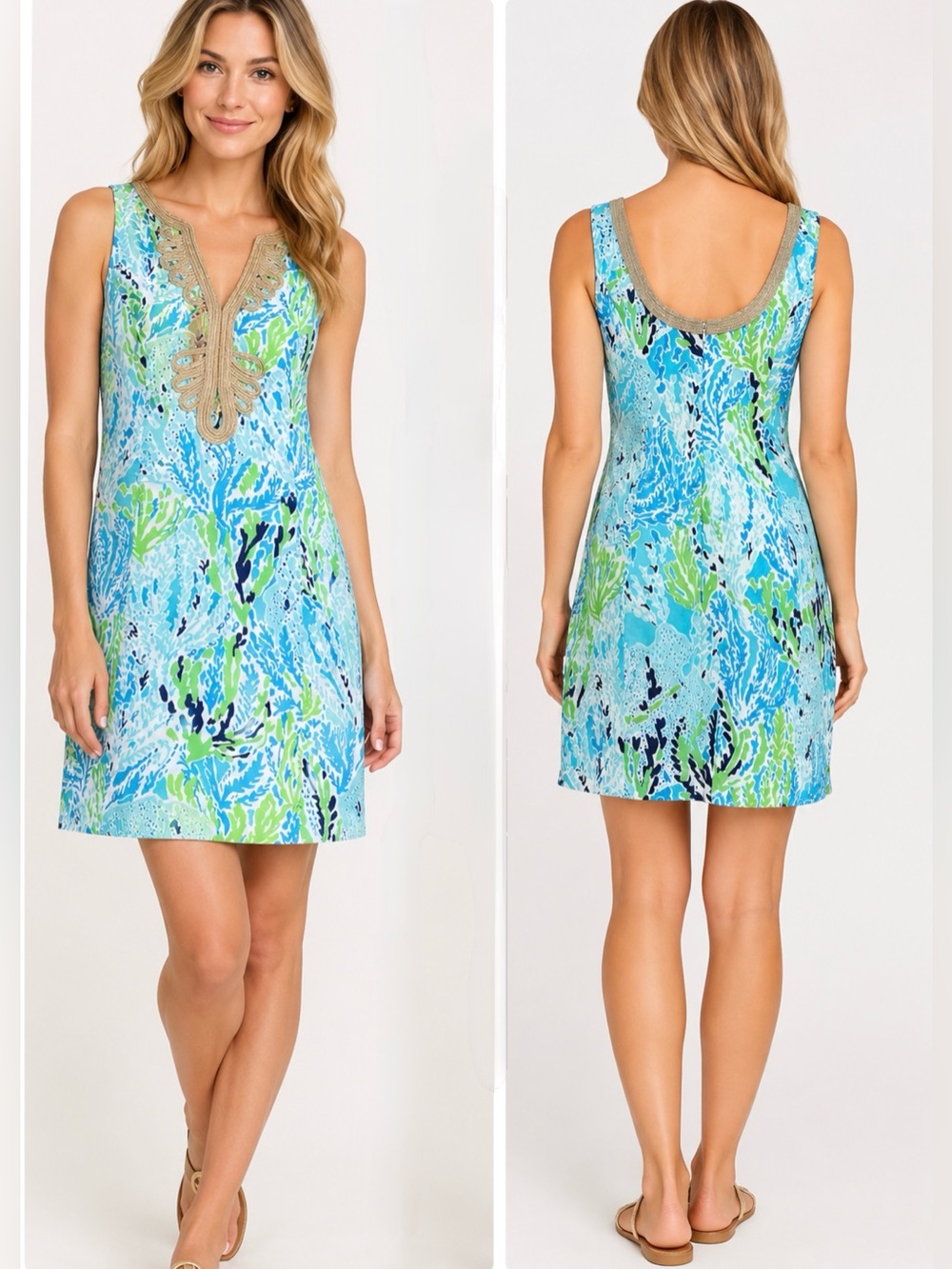 Lilly Pulitzer Shift Dress Women’s 6 Blue Green Abstract Print Gold Trim Cotton